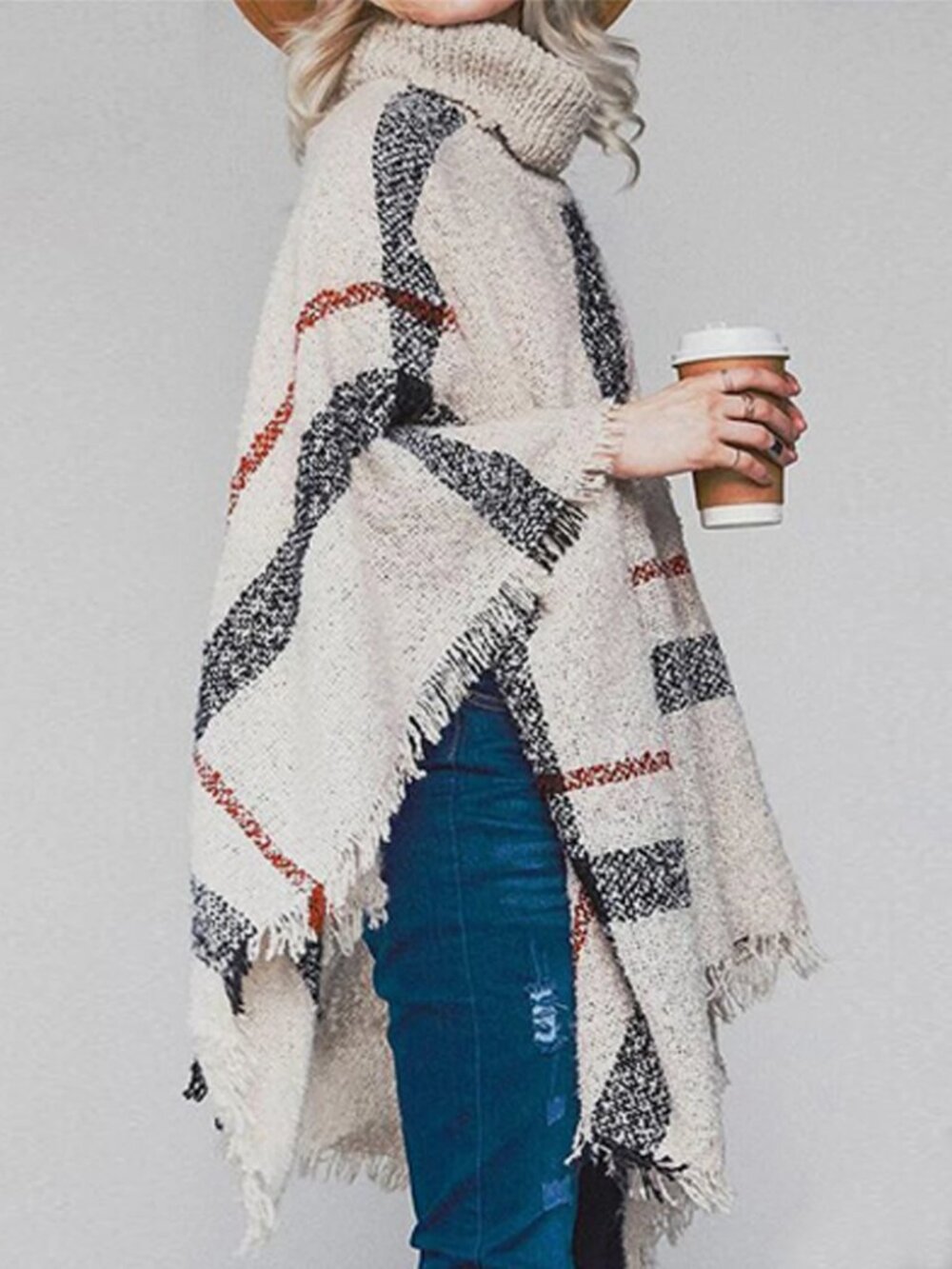 Open Weave Chic Poncho Fringed Edges Neutral Colors Beige Red Gray Turtleneck OS